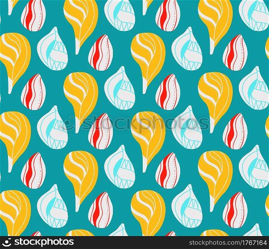 Seamless pattern with cartoon seashells with doodle ornament in row on blue background. Flat texture with ocean inhabitants with boho ornaments. Vector wallpaper with molluscs and shells. Seamless pattern with cartoon seashells with doodle ornament in row on blue background. Flat texture with ocean inhabitants with boho ornaments. Vector wallpaper