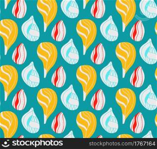 Seamless pattern with cartoon seashells with doodle ornament in row on blue background. Flat texture with ocean inhabitants with boho ornaments. Vector wallpaper with molluscs and shells. Seamless pattern with cartoon seashells with doodle ornament in row on blue background. Flat texture with ocean inhabitants with boho ornaments. Vector wallpaper