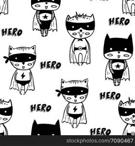 Seamless pattern with cartoon superheroes in black costumes. Cute animals. Can be used for invitation cards and drawing poster, T-shirt Print and cartoon character.