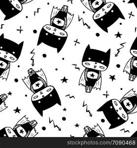Seamless pattern with cartoon superheroes in black costumes. Cute animals. Can be used for invitation cards and drawing poster, T-shirt Print and cartoon character.