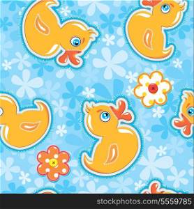 Seamless pattern with cartoon toy - yellow duck - hand made cutout images - Background for children. Ready to use as swatch.