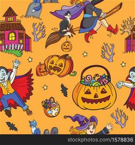 Seamless pattern with cartoon witch on broom, vampire, pumpkins and haunted house. Vector illustration Halloween concept. For packaging paper, Wallpaper, decoration, textiles, design cushion.. Orange seamless pattern with cartoon Halloween characters