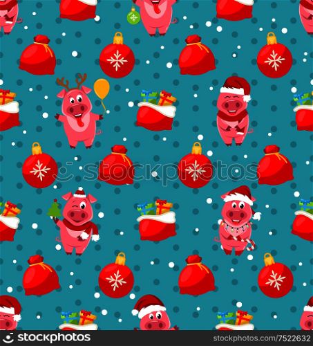 Seamless Pattern with Cartton Pigs, Christmas Bag, Balls, Presents - Illustration Vector. Seamless Pattern with Cartton Pigs, Christmas Bag, Balls, Presents