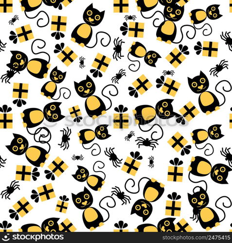Seamless Pattern with Cat, Spider and Gift Box. Vector Illustration.