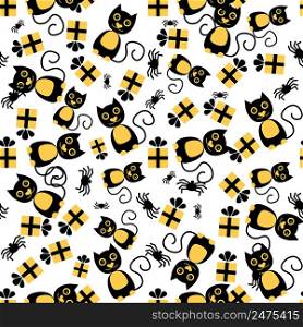 Seamless Pattern with Cat, Spider and Gift Box. Vector Illustration.