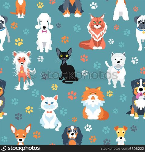Seamless pattern with cats and dogs flat design. Vector seamless background with cats and dogs flat design
