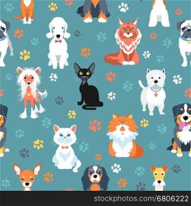 Seamless pattern with cats and dogs flat design. Vector seamless background with cats and dogs flat design