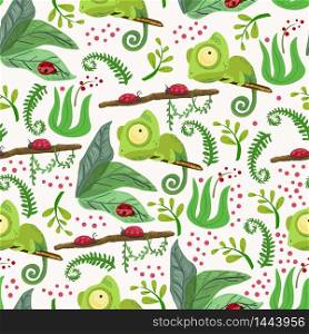 Seamless pattern with chameleon. Forest pattern vector background