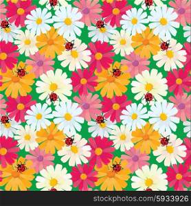 Seamless pattern with chamomile flowers and ladybirds, summer background
