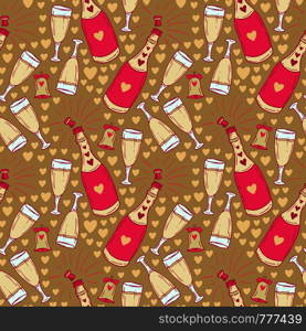 Seamless pattern with champagne bottle and glasses for Christmas and holidays decorations. Wrapping paper design in pink and gold colors. Seamless pattern with champagne bottle and glasses for Christmas and holidays decorations. Wrapping paper design in pink and gold colors.