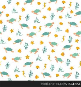 Seamless pattern with cheerful turtles and sea animals. Vector illustration for textile, fabric, kids apparel.. Seamless pattern with cheerful turtles and sea animals. Vector illustration