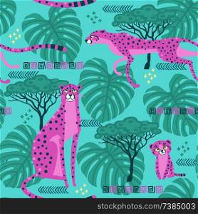 Seamless pattern with cheetahs, leopards in the jungle. Repeated exotic wild savanna cat. Vector stylized illustration in bright pink and turquoise color.. Seamless pattern with cheetahs, leopards in the jungle. Repeated exotic wild savanna cat. Vector stylized illustration in bright pink and turquoise color