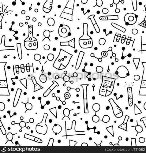 Seamless pattern with chemistry objects in doodle style. Science research symbols background. Vector sketch background illustration.