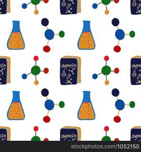 Seamless pattern with chemistry triangle flask, molecule structure and book for wallpaper design. Science, education, medical, pharmacy vector background. Chemistry lab. College education.. Seamless pattern with chemistry triangle flask, molecule structure and book
