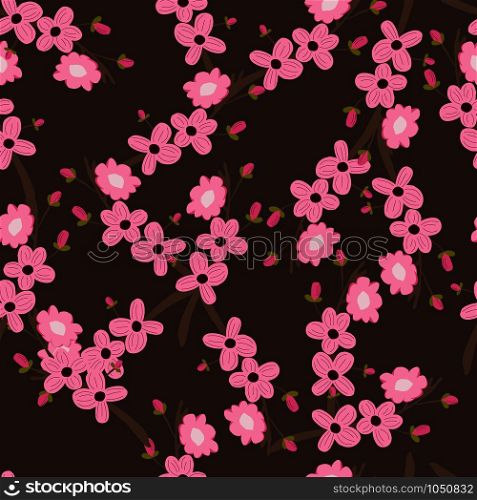 Seamless pattern with cherry blossom pink flowers on brown background. Spring endless design banner template. Vector illustration.. Seamless pattern with cherry blossom pink flowers on brown