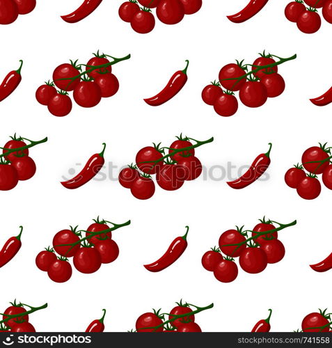 Seamless pattern with cherry tomato and chilli pepper vegetables. Organic food. Cartoon style. Vector illustration for design, web, wrapping paper, fabric, wallpaper.