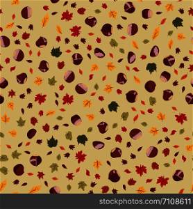 Seamless pattern with chestnuts and autumn leaves. Flat cartoon style. Vector illustration. or wrapping paper, covers, textile.. Seamless pattern with chestnuts and autumn leaves. Flat cartoon style