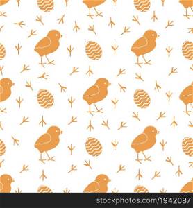 Seamless pattern with chicken, traces of chicken, decorated eggs. Happy Easter. Festive background. Design for banner, poster or print.