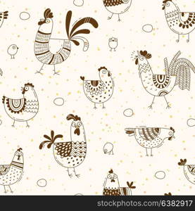 Seamless pattern with chickens, roosters, eggs in cartoon style, line art. Background for design cover product packaging, advertising banner, card. Seamless pattern with chickens, roosters, eggs in cartoon style, line art. Background for design cover product packaging, advertising banner, card.