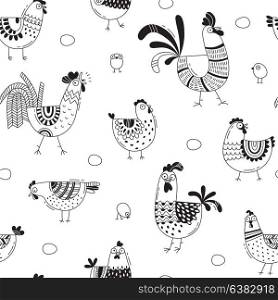 Seamless pattern with chickens, roosters, eggs in cartoon style, line art. Background for design cover product packaging, advertising banner, card. Seamless pattern with chickens, roosters, eggs in cartoon style, line art. Background for design cover product packaging, advertising banner, card.