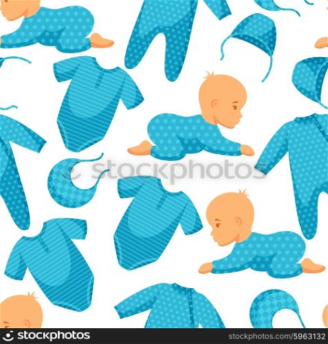 Seamless pattern with child and clothing in blue tones. Seamless pattern with child and clothing in blue tones.