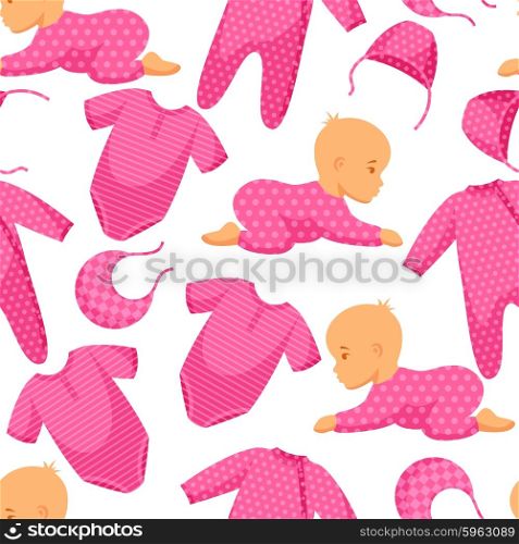 Seamless pattern with child and clothing in pink tones. Seamless pattern with child and clothing in pink tones.