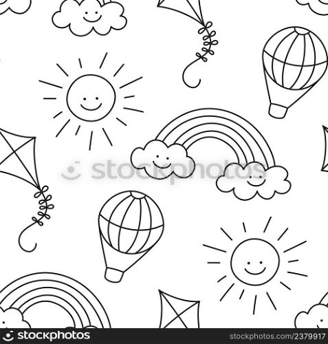 Seamless pattern with children drawings. Kids doodle hot air balloon. Hand drawn smiling sun, kite and rainbow. Childish pattern. Cute baby texture. Vector illustration on white background.