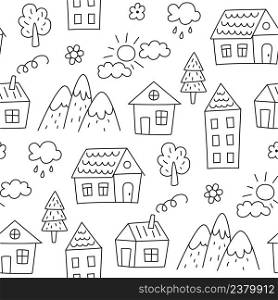 Seamless pattern with children drawings. Kids doodle houses, mountains and trees. Hand drawn childish pattern with fairy town. Cute baby texture. Vector illustration on white background.. Seamless pattern with children drawings. Kids doodle houses, mountains and trees. Hand drawn childish pattern with fairy town. Cute baby texture. Vector illustration on white background