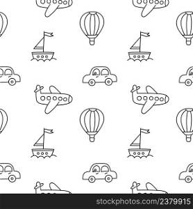 Seamless pattern with children drawings. Kids doodle plane, car and ship. Hand drawn hot air balloon. Childish pattern. Cute baby texture. Vector illustration on white background.. Seamless pattern with children drawings. Kids doodle hot air balloon. Hand drawn smiling sun, kite and rainbow. Childish pattern. Cute baby texture. Vector illustration on white background.