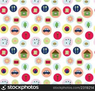 Seamless pattern with children s drawings. Background with car, house, cup, spoon, fork, sweets, hamburger, balls, cubes, with circles. Wallpaper template wrapping paper clothing fill decor. Seamless pattern with children s drawings. Wallpaper template, wrapping paper, clothing, fill, decor.