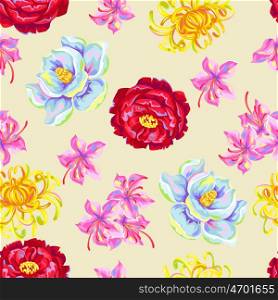 Seamless pattern with China flowers. Bright buds of magnolia, peony, rhododendron and chrysanthemum.