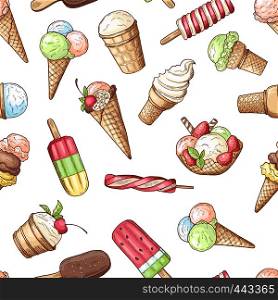Seamless pattern with chocolate ice cream and sweet food dessert, chocolate and vanilla ice cream. Vector illustration. Seamless pattern with chocolate ice cream and sweets