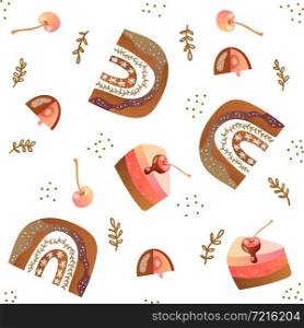 Seamless pattern with chocolate rainbow and cake