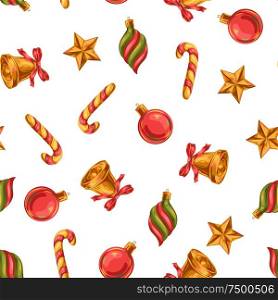 Seamless pattern with christmas decorations. Stylized hand drawn background in retro style.. Seamless pattern with christmas decorations.