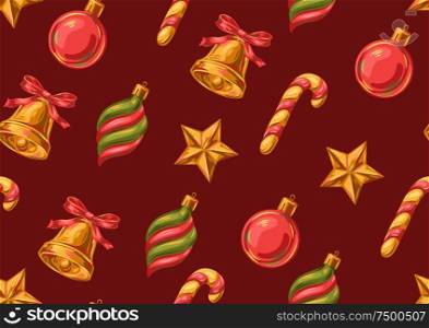 Seamless pattern with christmas decorations. Stylized hand drawn background in retro style.. Seamless pattern with christmas decorations.