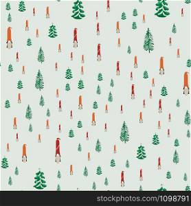 Seamless pattern with Christmas gnomes and Christmas trees. Beautiful festive design with elves decorations. For wrapping paper, textiles, fabric. Flat cartoon style vector illustration.. Seamless pattern with Christmas gnomes and Christmas trees.