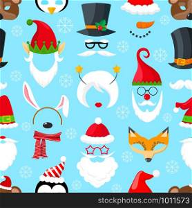 Seamless pattern with Christmas masks on blue background.