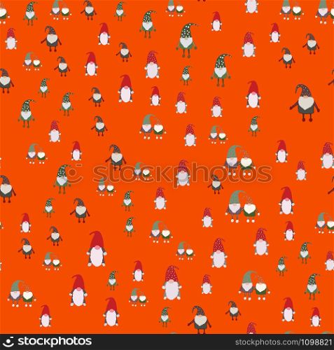 Seamless pattern with Christmas scandinavian gnomes. Beautiful festive design with elves decorations. For wrapping paper, textiles, fabric. Flat cartoon style vector illustration.. Seamless pattern with Christmas scandinavian gnomes.