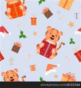 Seamless pattern with Christmas tiger. Cute animal with a big gift on a light blue background with Santa hat, mistletoe and gingerbread, gift boxes and striped caramel. Vector illustration