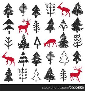 Seamless pattern with Christmas tree and deers. Vector illustration.