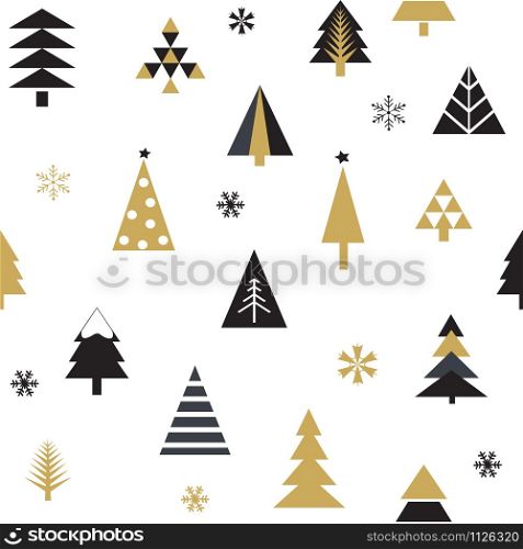 Seamless pattern with Christmas trees in black and gold on white background.