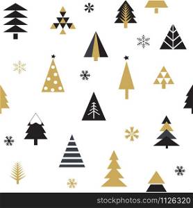 Seamless pattern with Christmas trees in black and gold on white background.