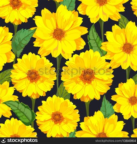 Seamless pattern with chrysanthemums flowers. Vector floral set with isolated colorful yellow plants. Golden-daisy.. Seamless pattern with chrysanthemums flowers. Vector floral set