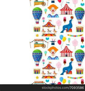 Seamless pattern with circus and amusement elements on white background