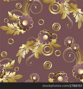 Seamless pattern with claret abstract flowers and gold leaves.(can be repeated and scaled in any size)