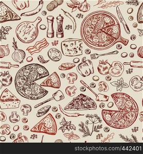 Seamless pattern with classical italian foods. Hand drawn illustrations of pizza. Italian pizza background with cheese mushroom and pepper vegetable vector. Seamless pattern with classical italian foods. Hand drawn illustrations of pizza