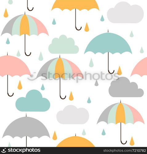 Seamless pattern with clouds, rain and umbrella