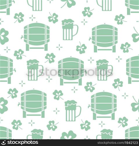 Seamless pattern with clover leaves, beer barrel, beer mug. St. Patrick&rsquo;s Day. Holiday background. Irish vector pattern. Design for banner, poster, textile, print.