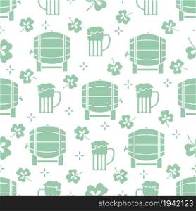 Seamless pattern with clover leaves, beer barrel, beer mug. St. Patrick&rsquo;s Day. Holiday background. Irish vector pattern. Design for banner, poster, textile, print.