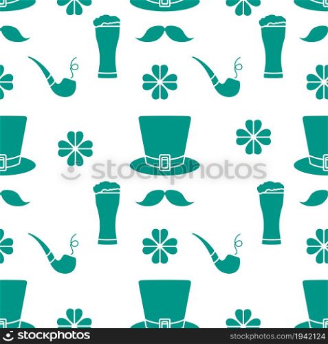 Seamless pattern with clover leaves, mustache, glass of beer, hat, smoking pipe. St. Patrick&rsquo;s Day. Holiday background. Irish vector pattern. Design for banner, poster, textile, print.